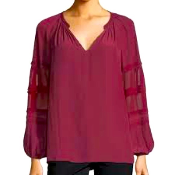 Ramy Brook Rae V-Neck Sheer Long-Sleeve Blouse Wine -Size Large - Picture 1 of 11